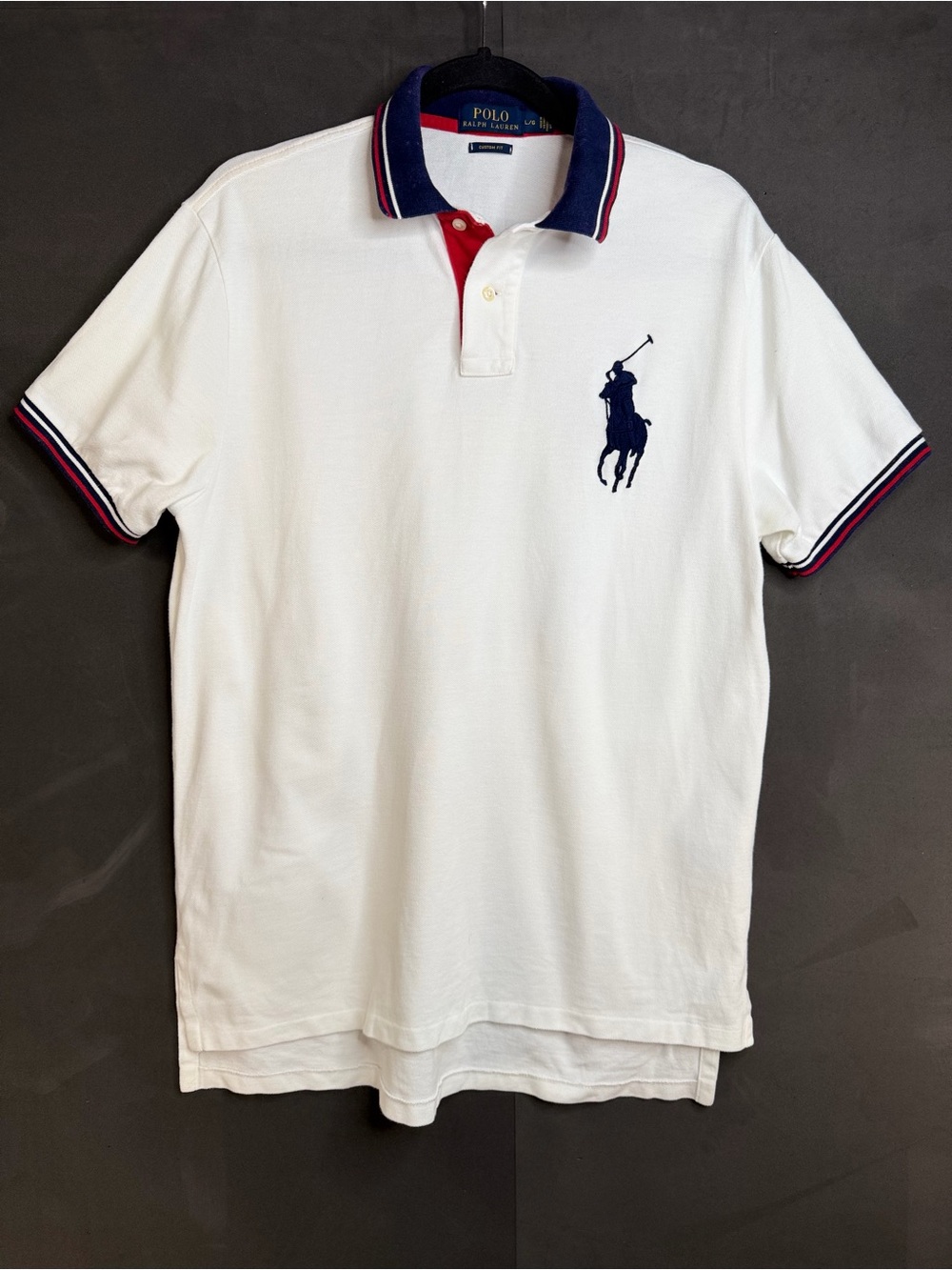 Polo Ralph Lauren Custom Fit Big Pony Polo Shirt Mens L White Navy Red Striped